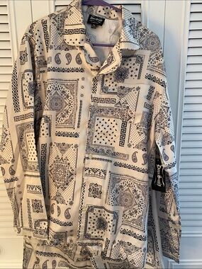 Men's Cream Button-Down Shirt with Black Bandana Print